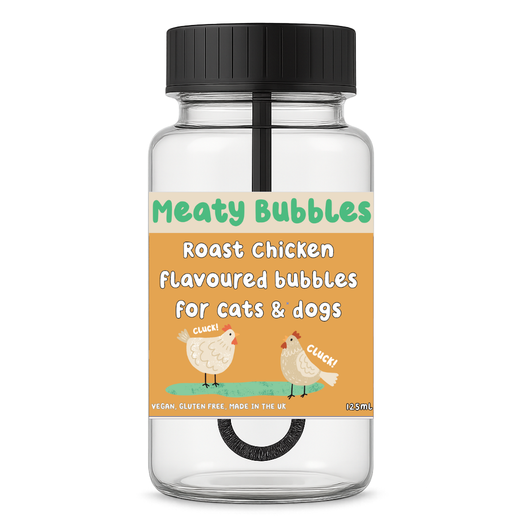 Jar labeled 'Meaty Bubbles Roast Chicken Flavoured bubbles for cats & dogs' on a white background