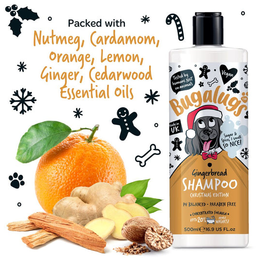Bugalugs Gingerbread Shampoo bottle with ingredients like nutmeg, cardamom, orange, lemon, ginger, and cedarwood on a white background.