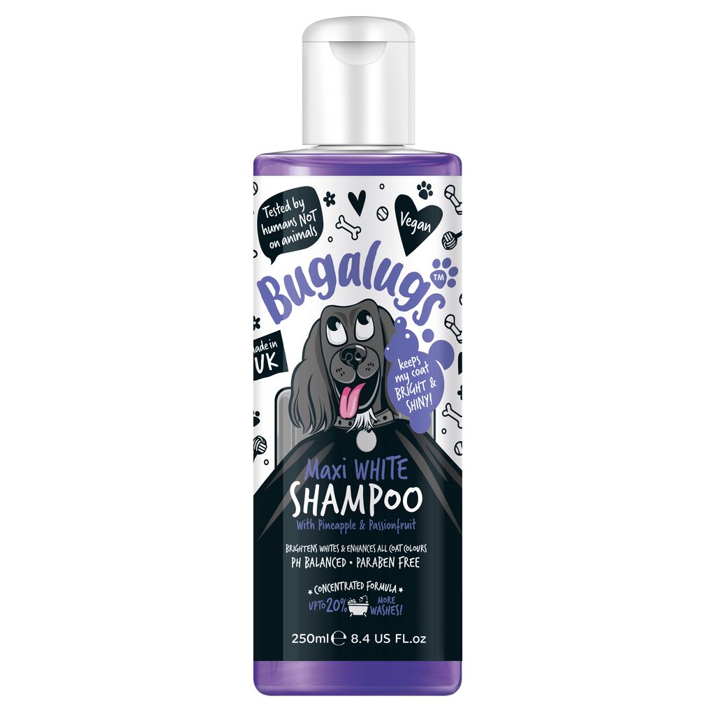 Bugalugs Maxi White Shampoo bottle with a purple label on a white background