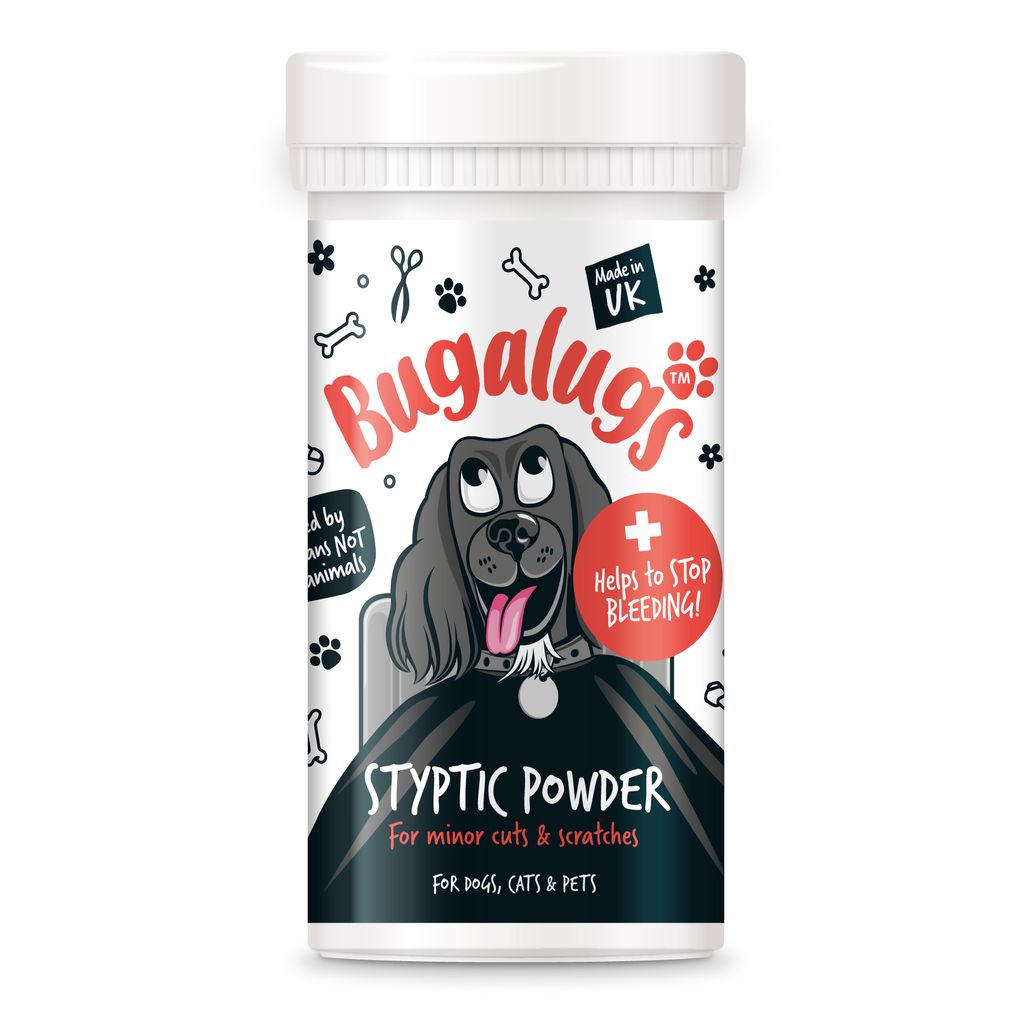 Bugalug styptic powder container with cartoon dog illustration on a white background