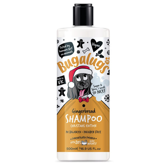 Bugalugs Gingerbread Shampoo bottle with a dog illustration on a white background