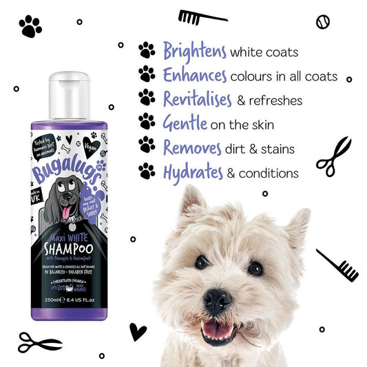 Bugalugs Maxi White Shampoo bottle with a dog and product benefits text on a white background