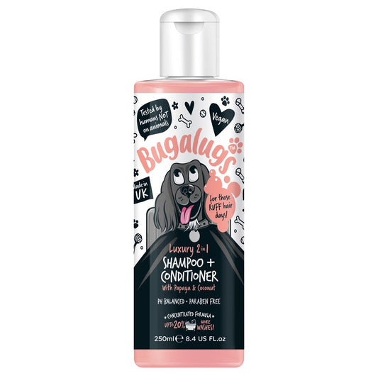 Bugalugs luxury 2-in-1 shampoo and conditioner bottle with cartoon dog illustration on a white background