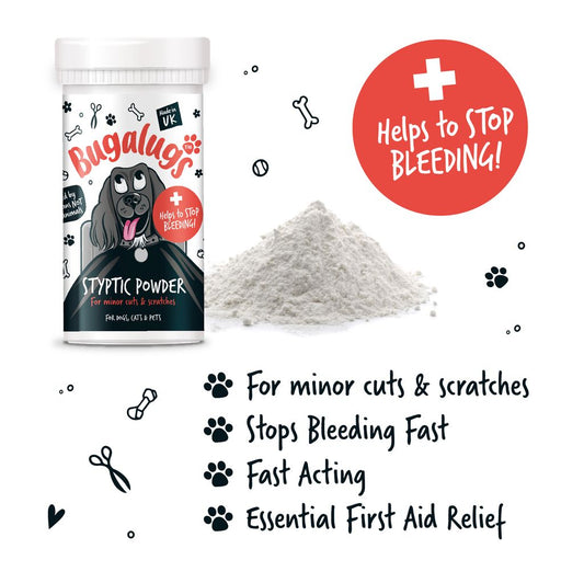 Styptic powder for pets with packaging and powder displayed on a white background