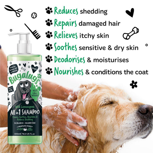 Dog shampoo bottle with a dog being washed, featuring product benefits on a white background.