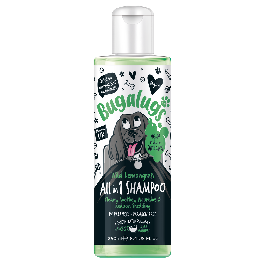 Bugalugs All in 1 Shampoo bottle with a dog illustration on a white background