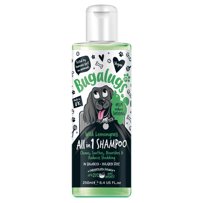Bugalugs All in 1 Shampoo bottle with a dog illustration on a white background