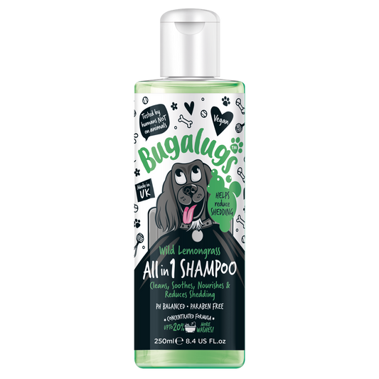 Bugalugs All in 1 Shampoo bottle with a dog illustration on a white background