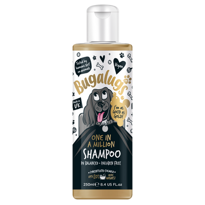 Bugalugs One in a Million shampoo bottle with a cartoon dog on the label against a white background