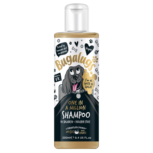 Bugalugs One in a Million shampoo bottle with a cartoon dog on the label against a white background