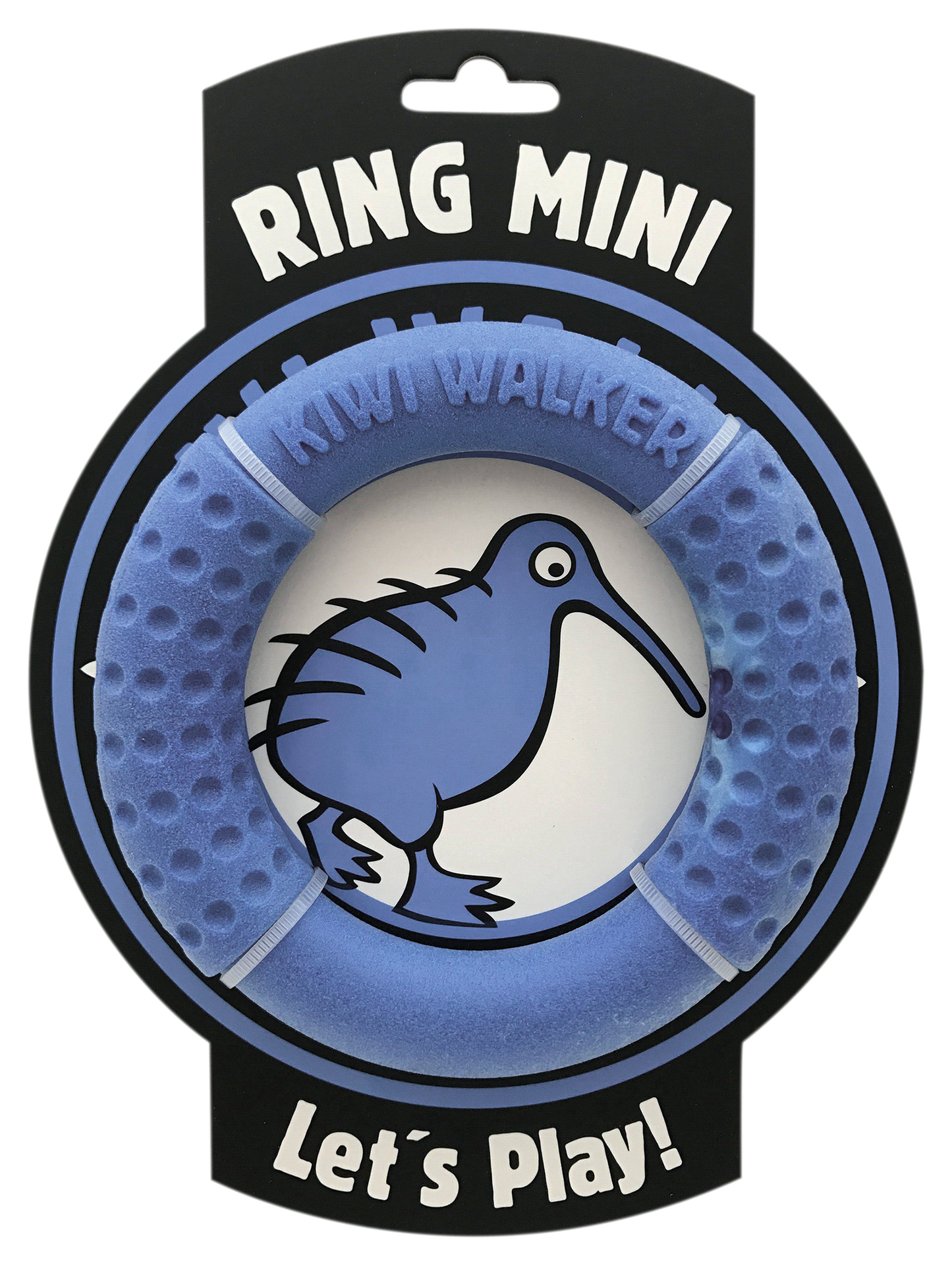 Blue dog toy ring with kiwi bird design on packaging, featuring 'Ring Mini' and 'Kiwi Walker' text.
