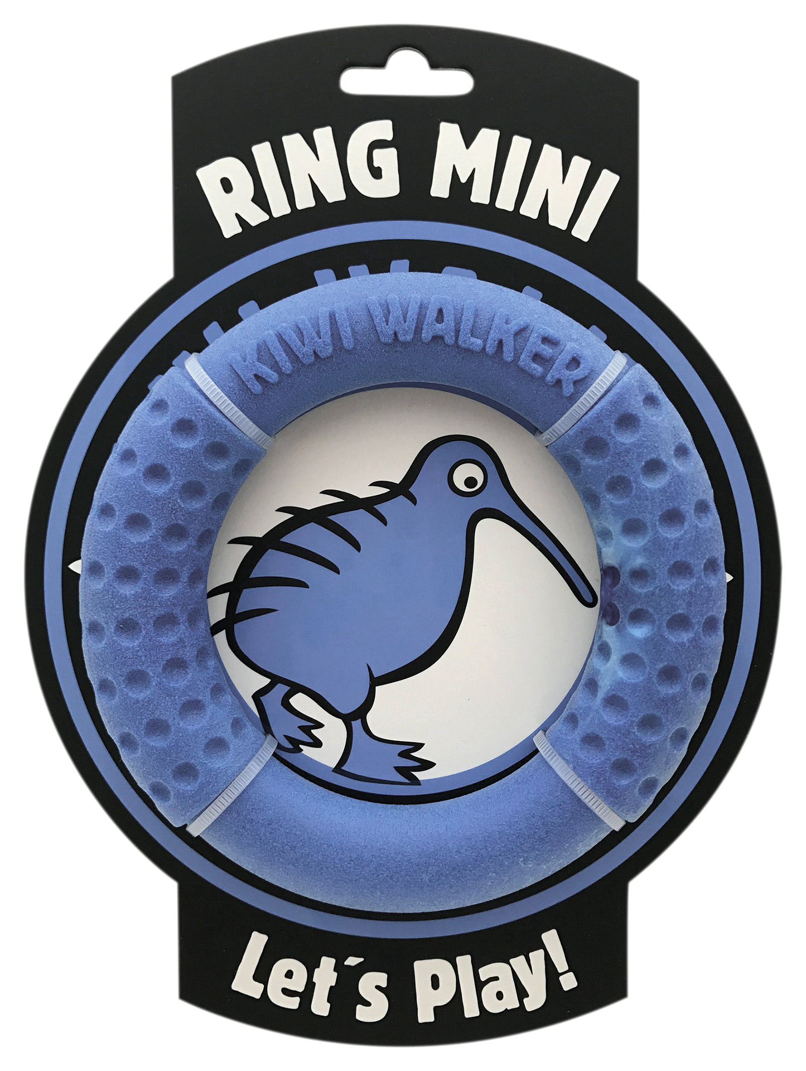 Blue dog toy ring with kiwi bird design on packaging, featuring 'Ring Mini' and 'Kiwi Walker' text.