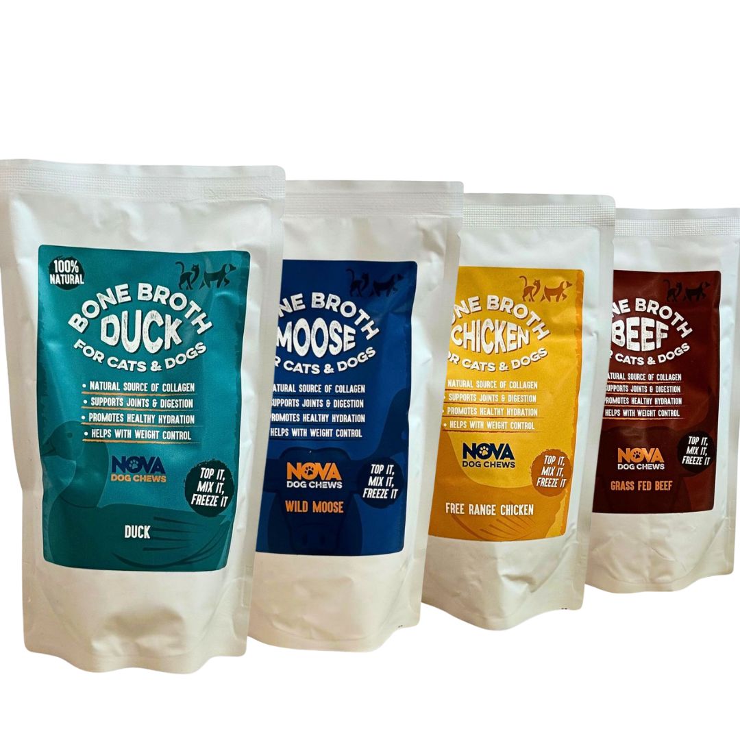 Organic bone broth for dogs in 230ml bottle – natural collagen and hydration support