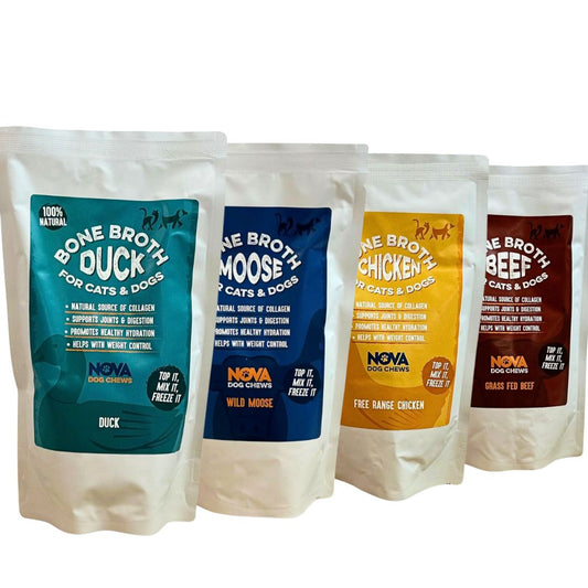 Organic bone broth for dogs in 230ml bottle – natural collagen and hydration support